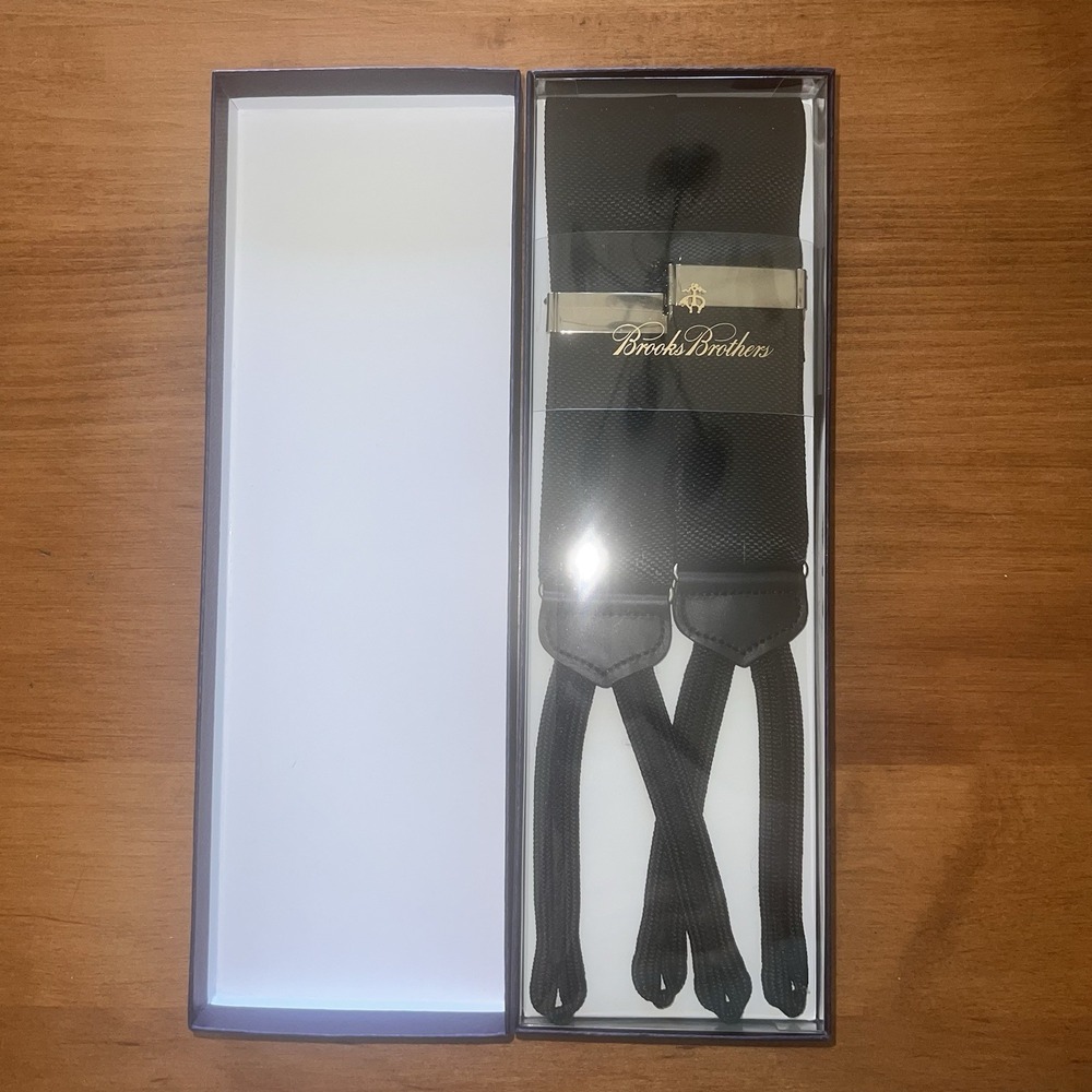 NEW Brooks Brothers Mens Suspenders Solid Black Leather Trim One Size